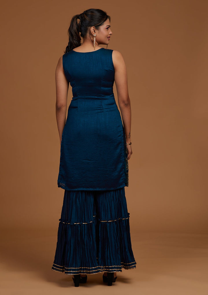 Peacock Blue Zariwork Raw Silk Designer Salwar Suit-Koskii