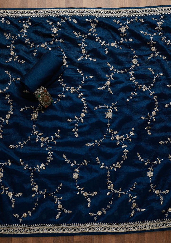 Peacock Blue Zariwork Raw Silk Unstitched Salwar Suit-Koskii