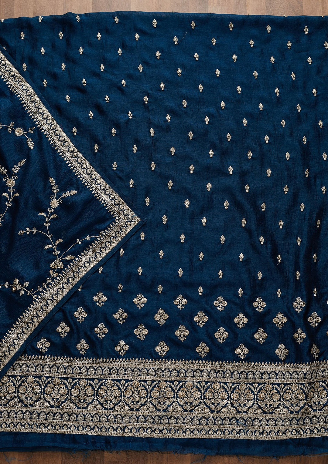 Peacock Blue Zariwork Raw Silk Unstitched Salwar Suit-Koskii