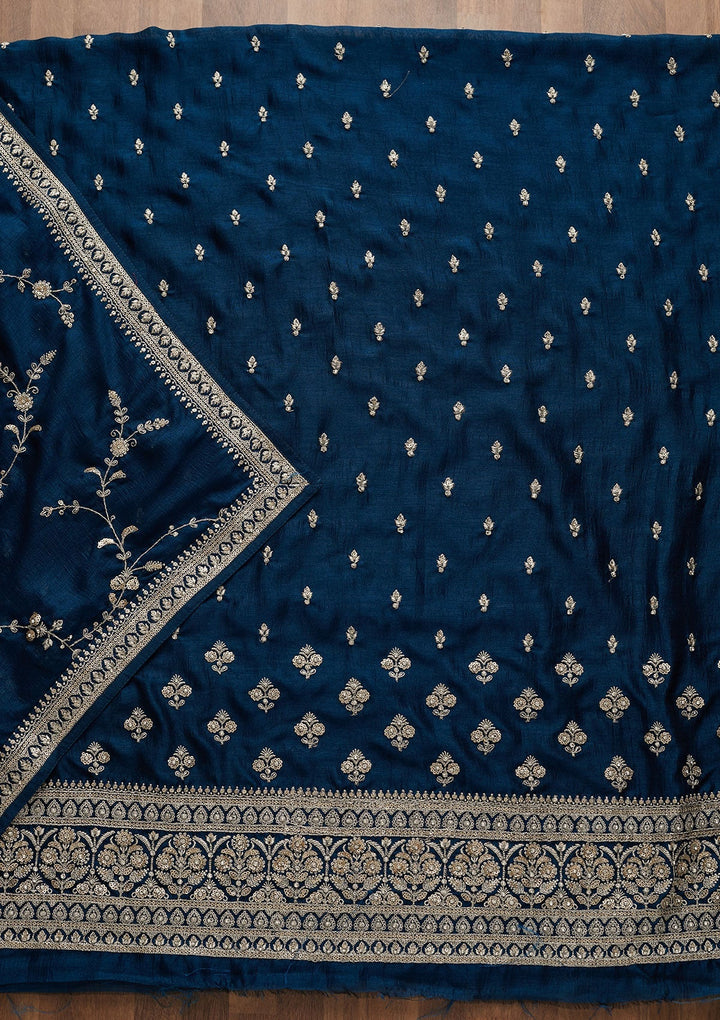 Peacock Blue Zariwork Raw Silk Unstitched Salwar Suit-Koskii