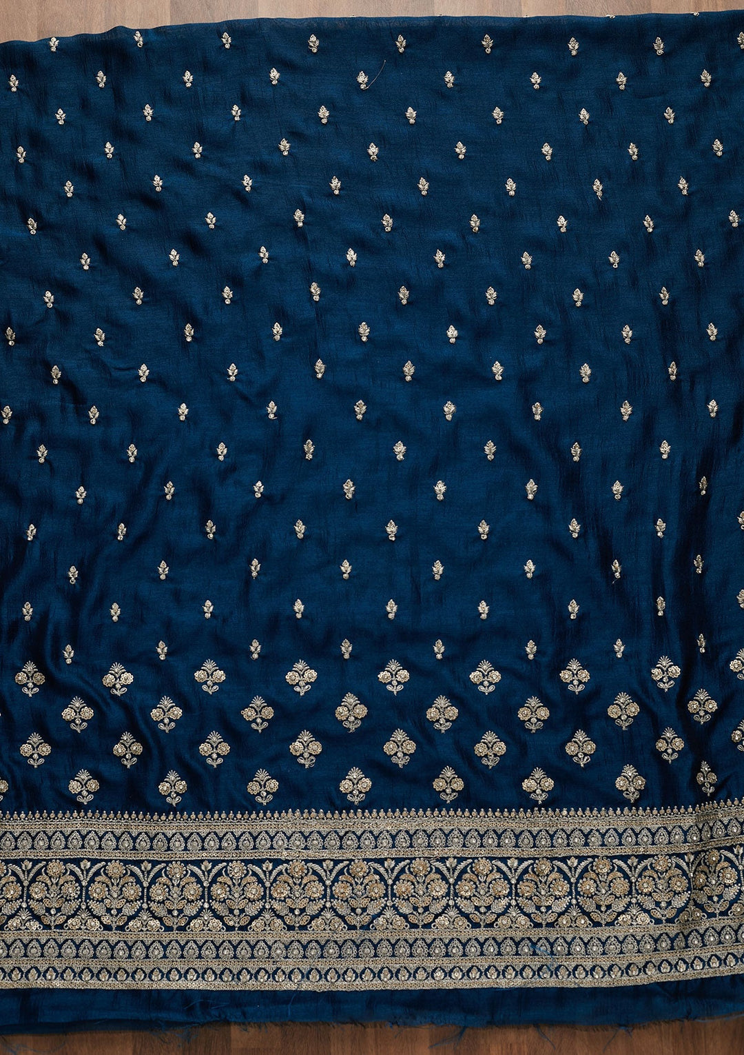Peacock Blue Zariwork Raw Silk Unstitched Salwar Suit-Koskii