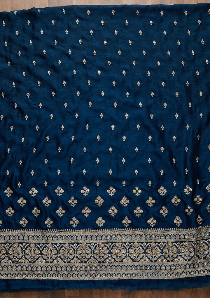 Peacock Blue Zariwork Raw Silk Unstitched Salwar Suit-Koskii