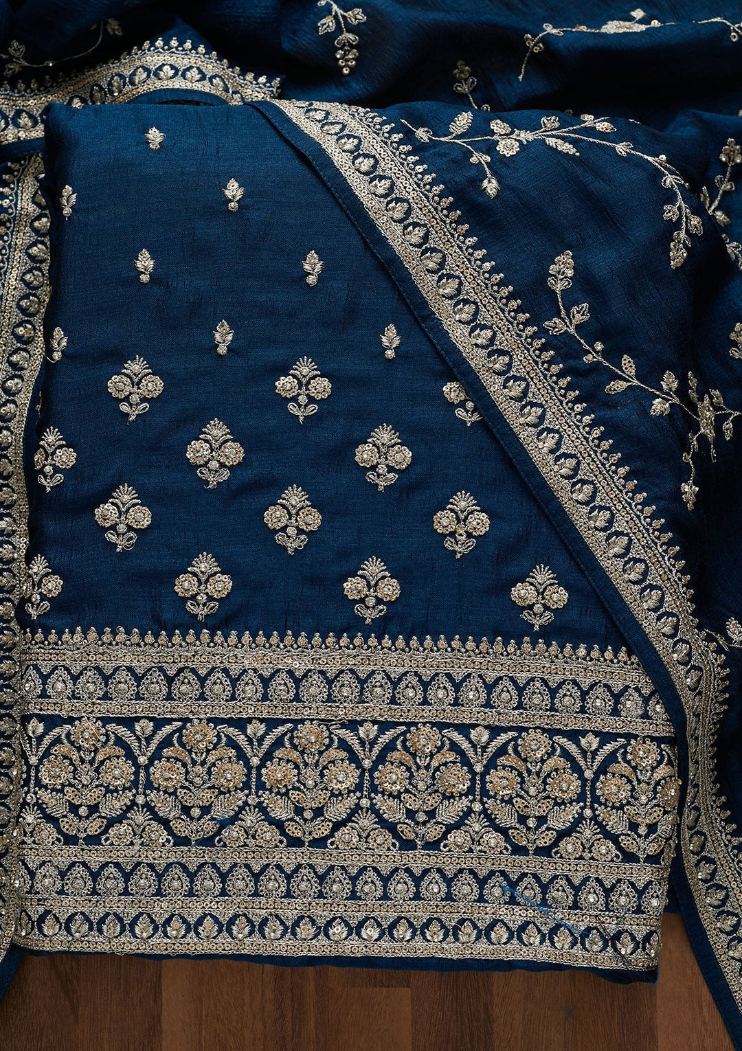 Peacock Blue Zariwork Raw Silk Unstitched Salwar Suit-Koskii