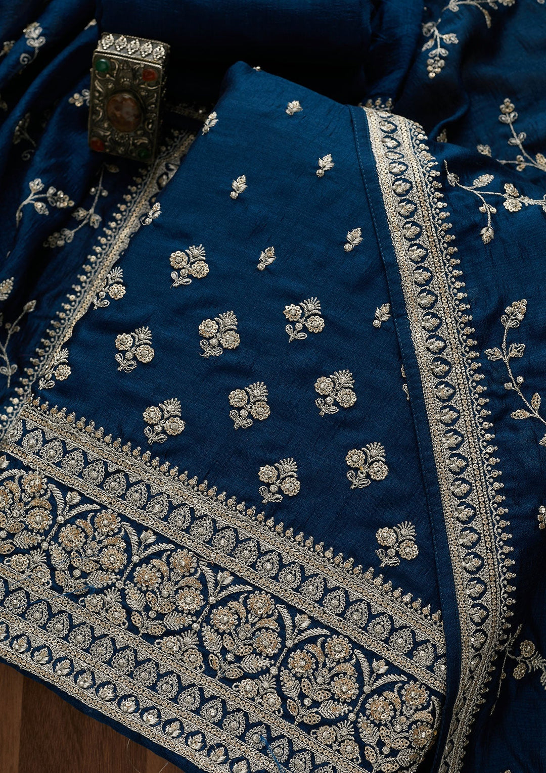 Peacock Blue Zariwork Raw Silk Unstitched Salwar Suit-Koskii