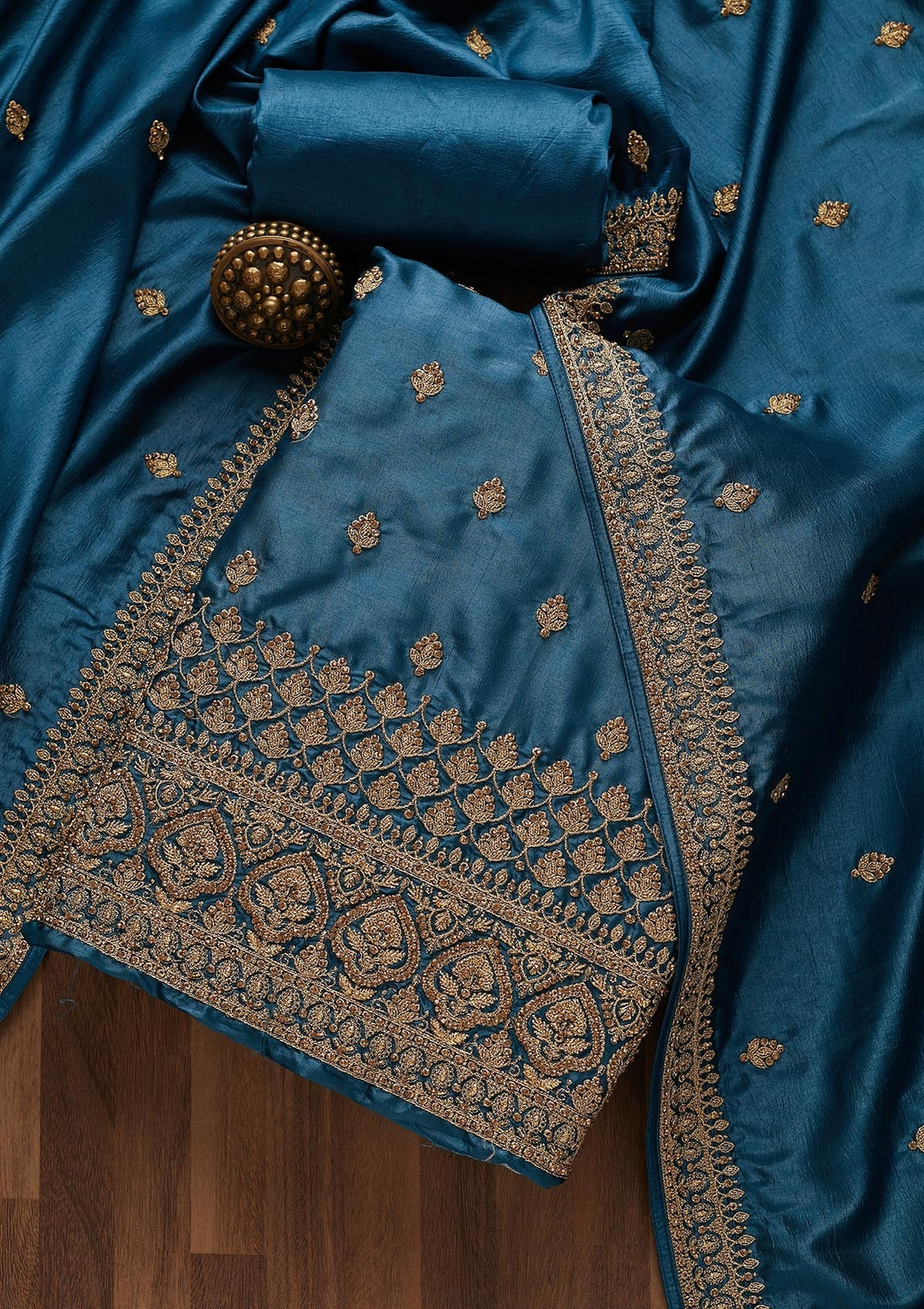 Peacock Blue Zariwork Raw Silk Unstitched Salwar Suit-Koskii