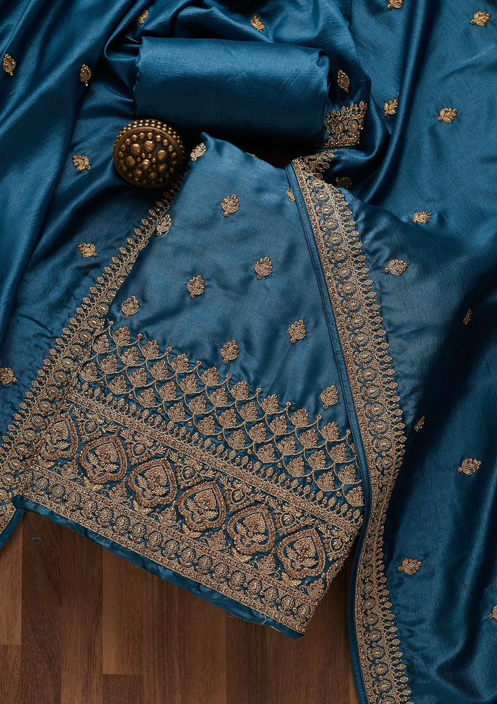 Peacock Blue Zariwork Raw Silk Unstitched Salwar Suit-Koskii