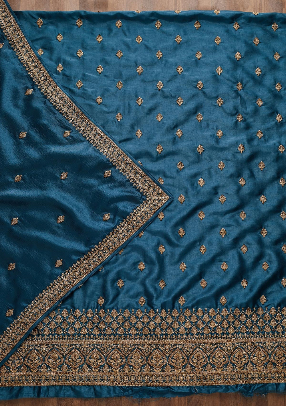 Peacock Blue Zariwork Raw Silk Unstitched Salwar Suit-Koskii