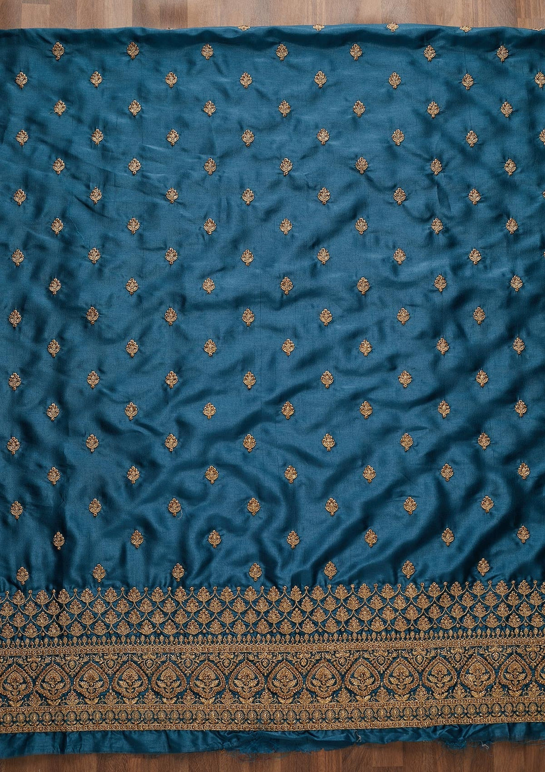 Peacock Blue Zariwork Raw Silk Unstitched Salwar Suit-Koskii