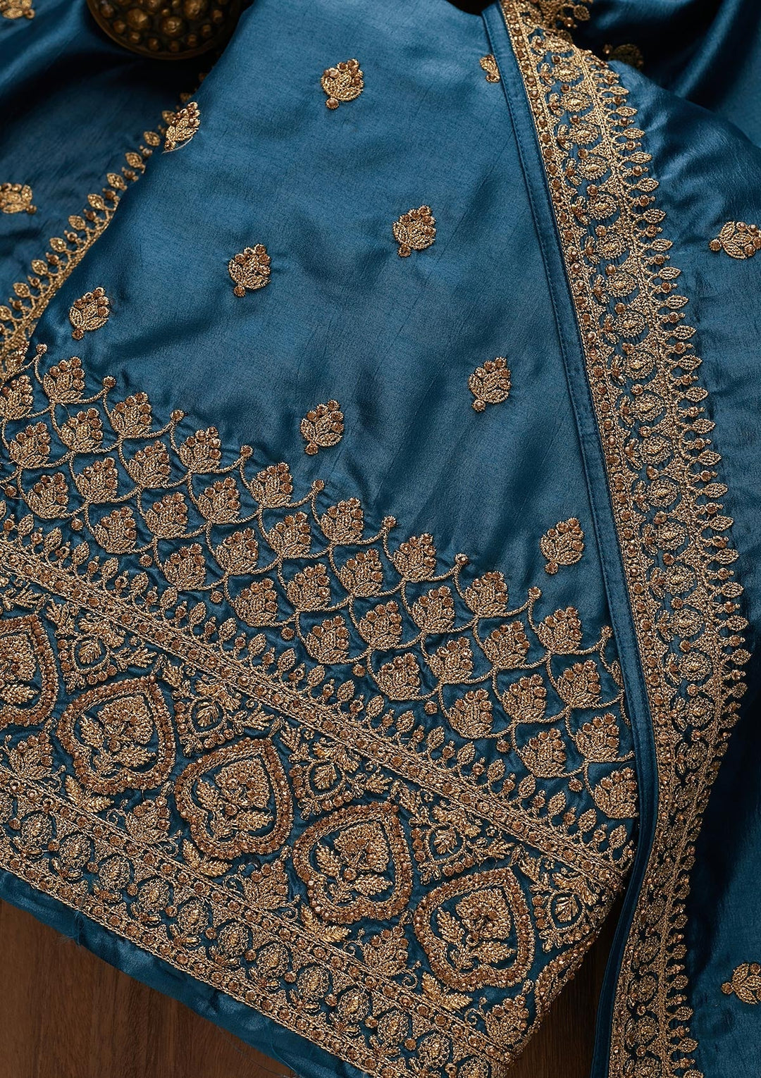 Peacock Blue Zariwork Raw Silk Unstitched Salwar Suit-Koskii