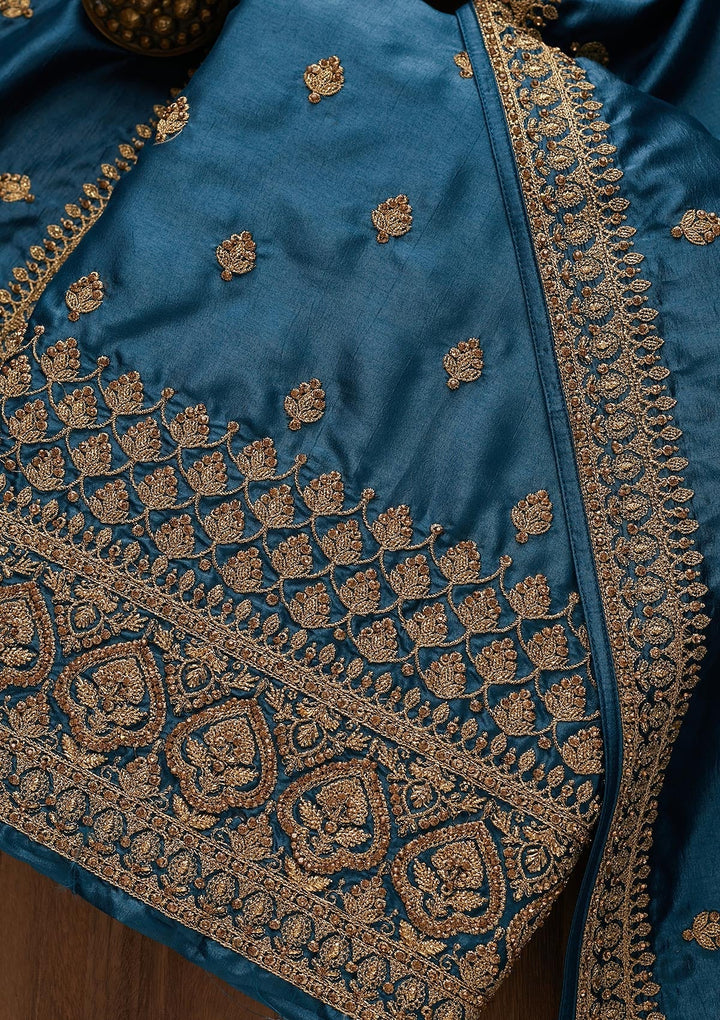 Peacock Blue Zariwork Raw Silk Unstitched Salwar Suit-Koskii