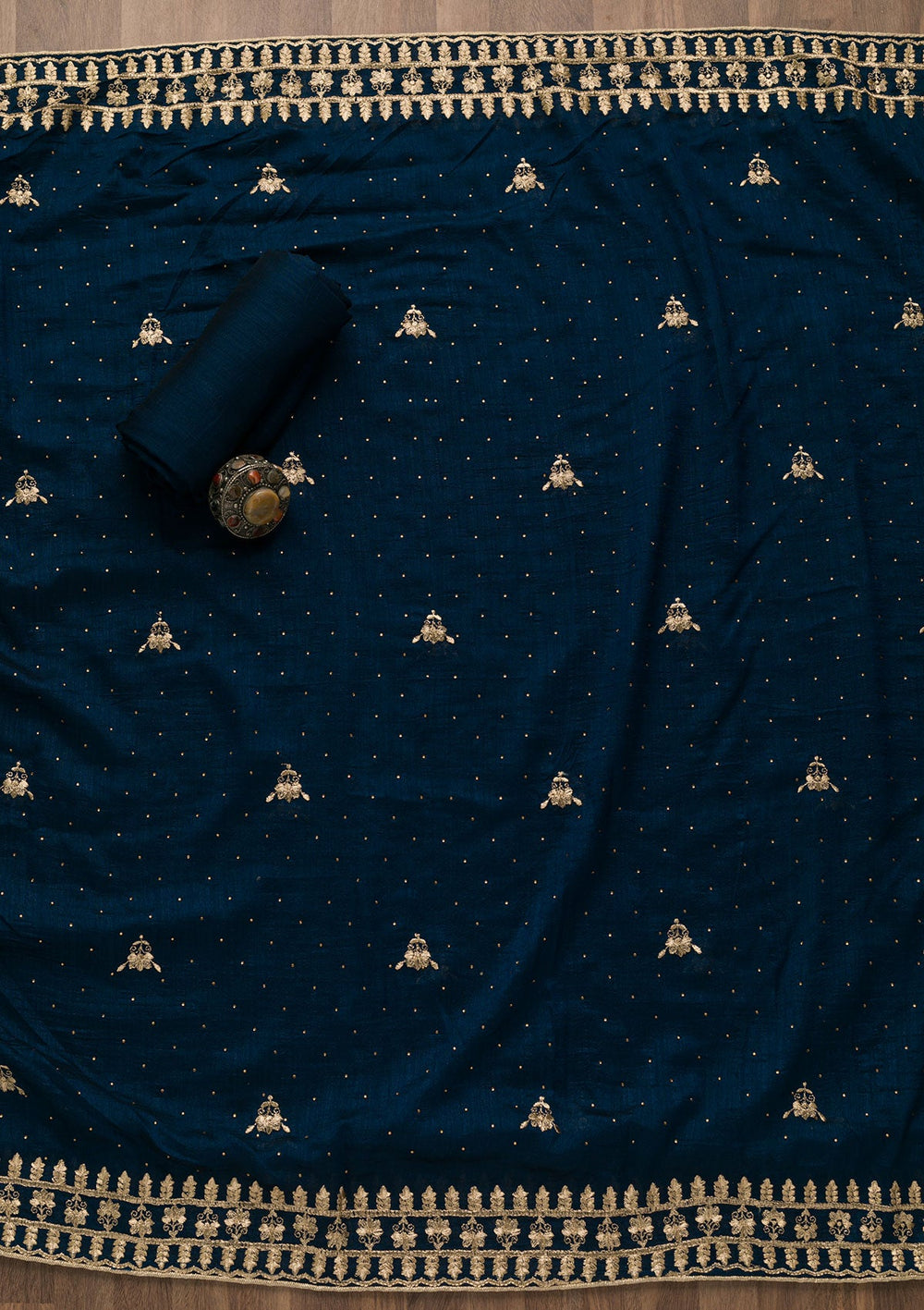Peacock Blue Zariwork Raw Silk Unstitched Salwar Suit-Koskii