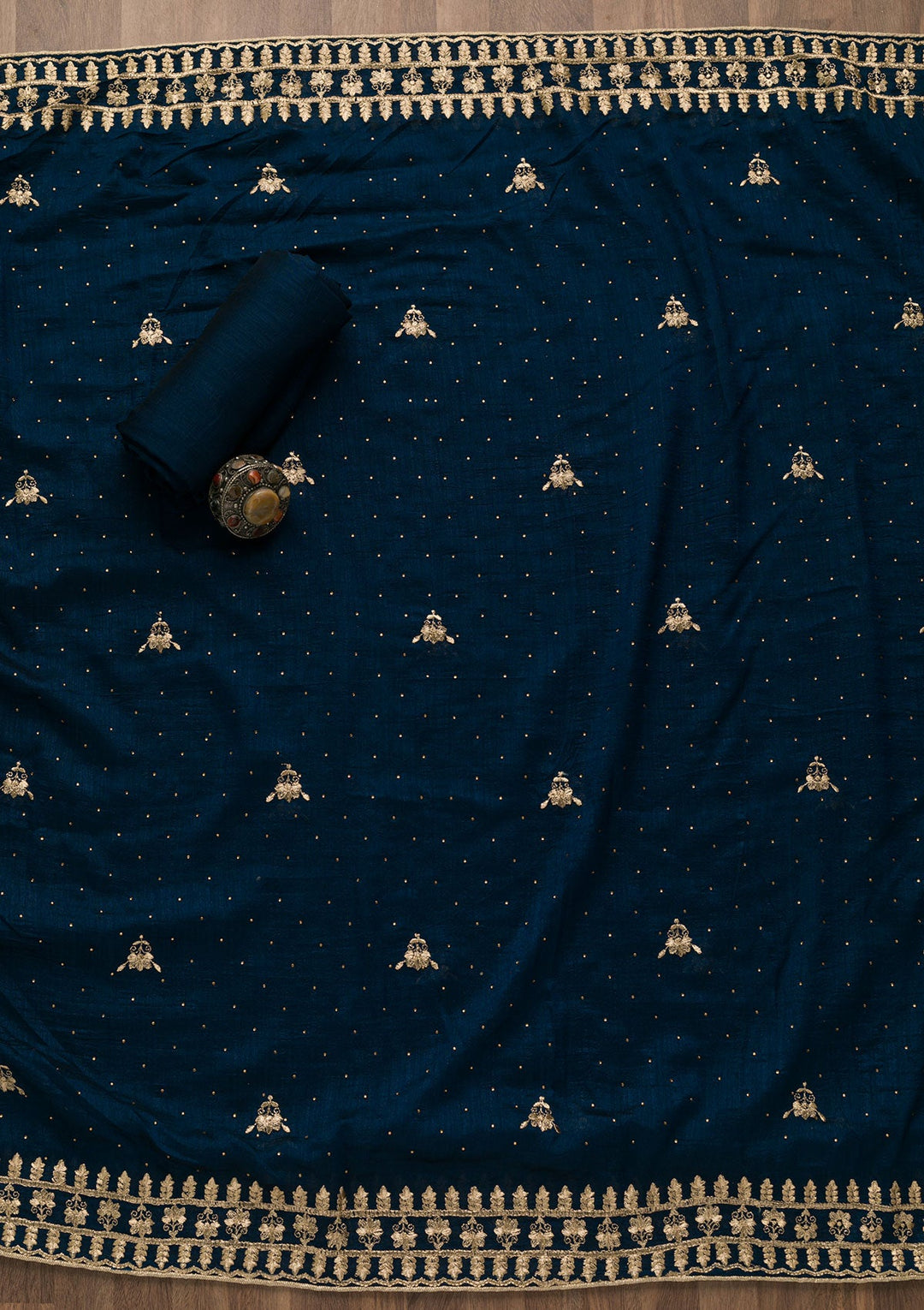 Peacock Blue Zariwork Raw Silk Unstitched Salwar Suit-Koskii