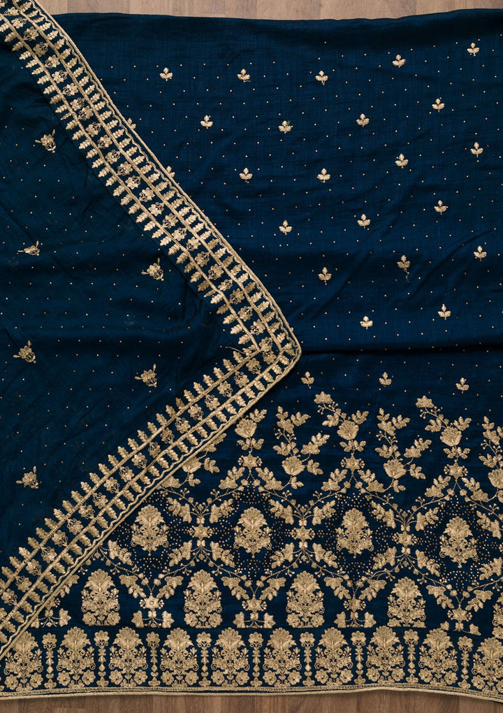 Peacock Blue Zariwork Raw Silk Unstitched Salwar Suit-Koskii