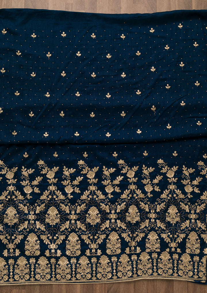 Peacock Blue Zariwork Raw Silk Unstitched Salwar Suit-Koskii