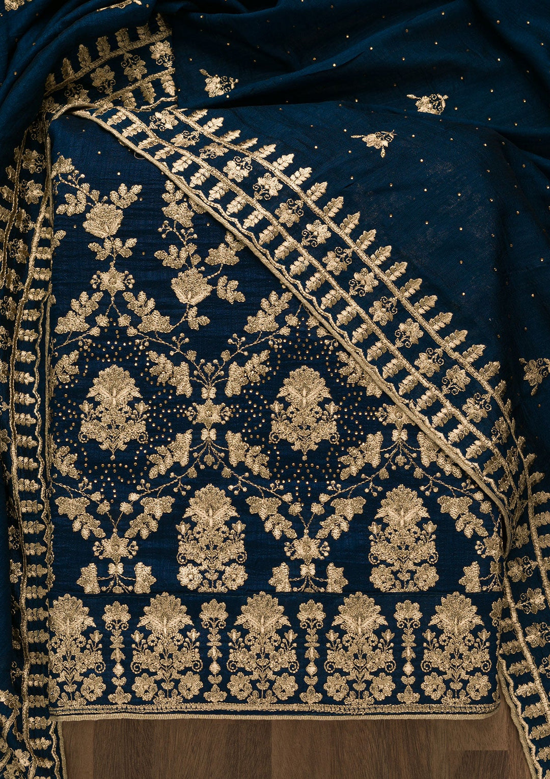 Peacock Blue Zariwork Raw Silk Unstitched Salwar Suit-Koskii