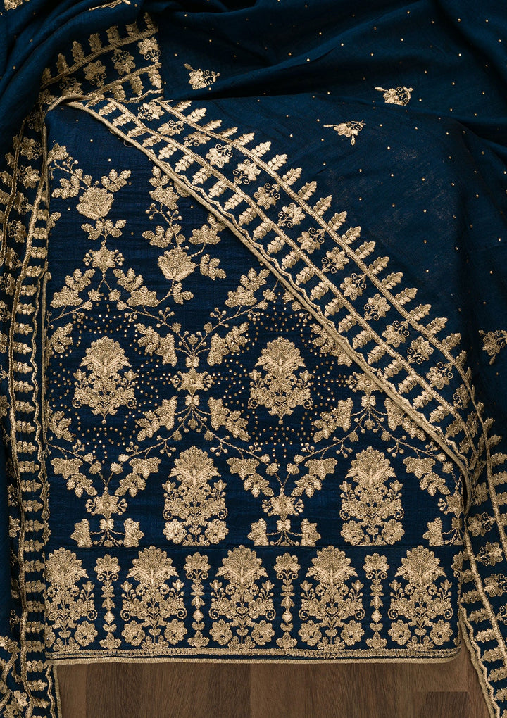Peacock Blue Zariwork Raw Silk Unstitched Salwar Suit-Koskii