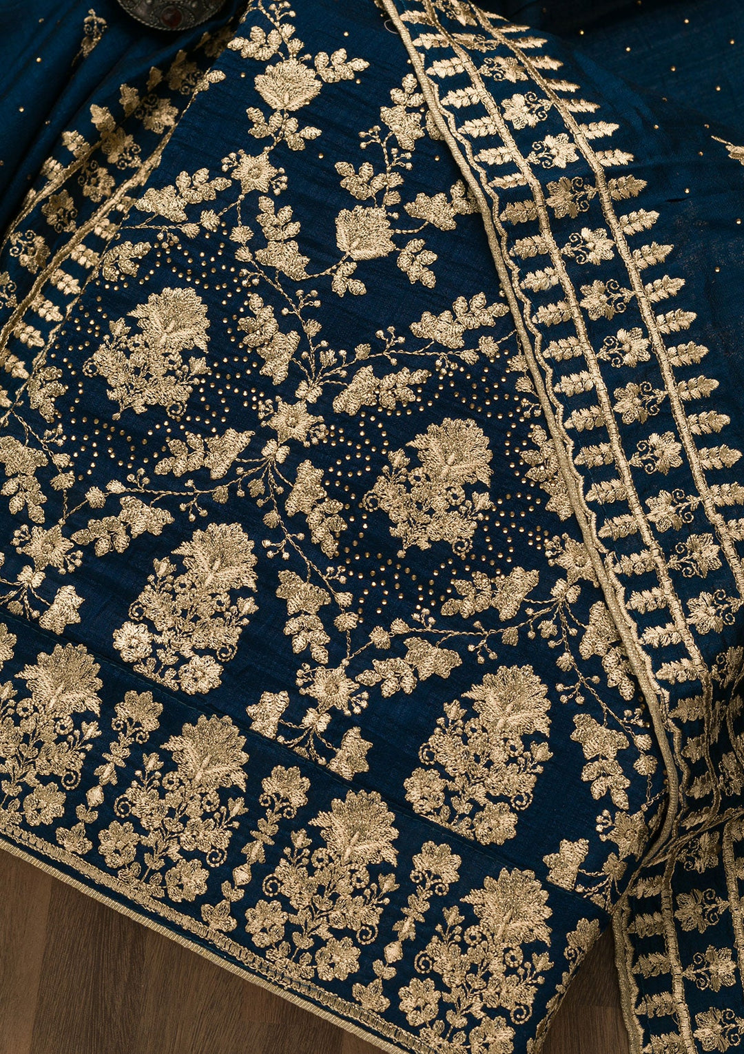 Peacock Blue Zariwork Raw Silk Unstitched Salwar Suit-Koskii