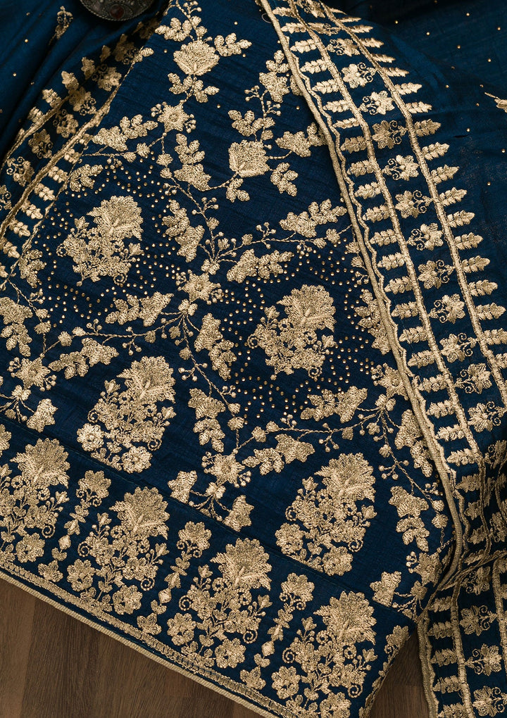Peacock Blue Zariwork Raw Silk Unstitched Salwar Suit-Koskii