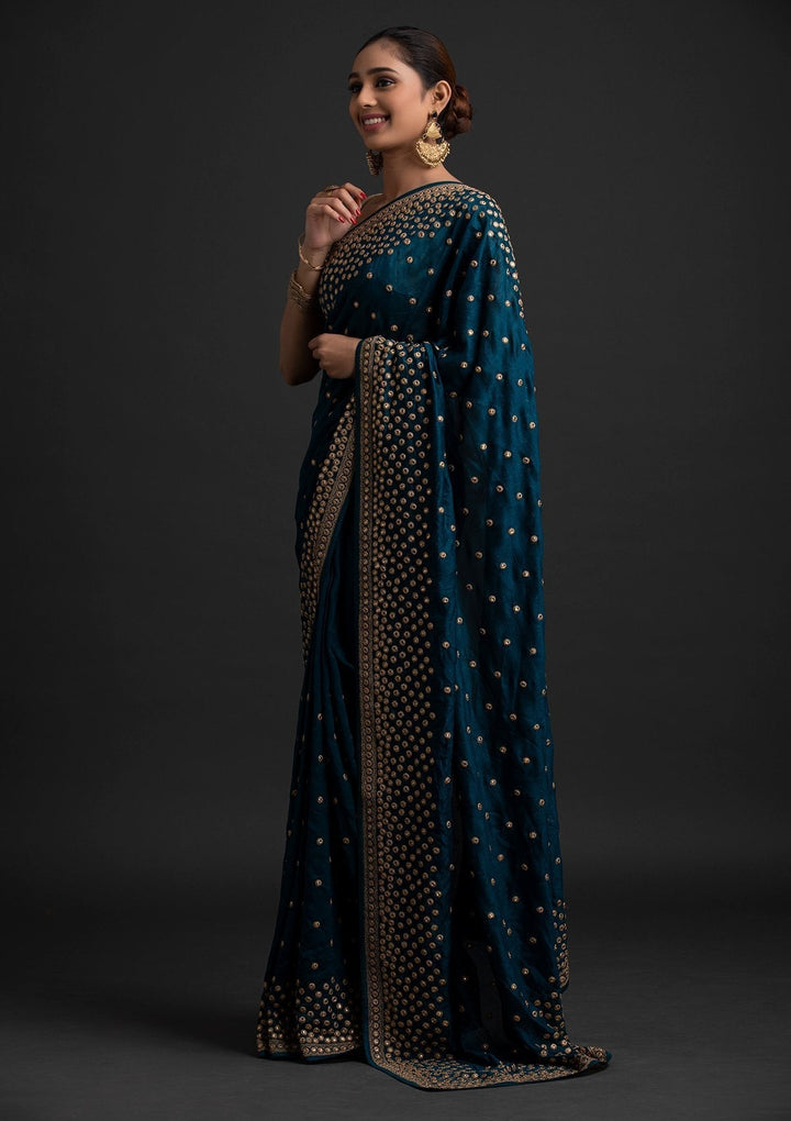 Peacock Blue Zariwork Raw Silk Designer Saree - koskii