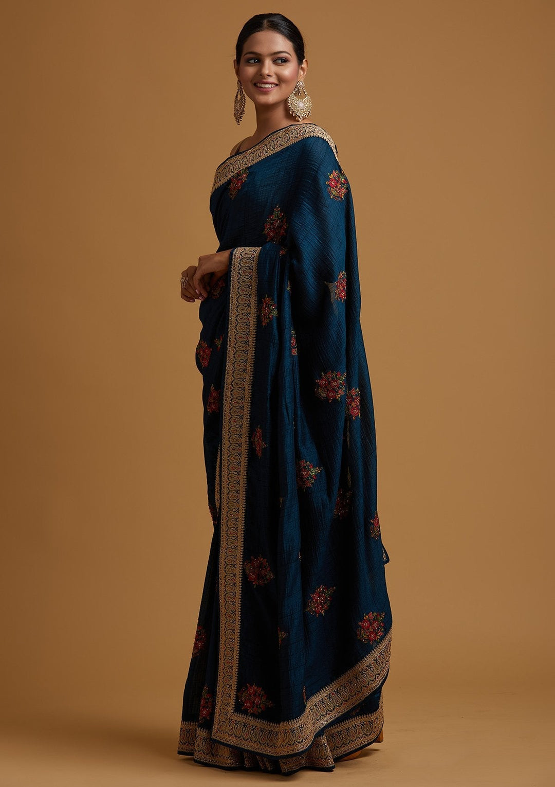 Peacock Blue Zariwork Raw Silk Designer Saree - koskii