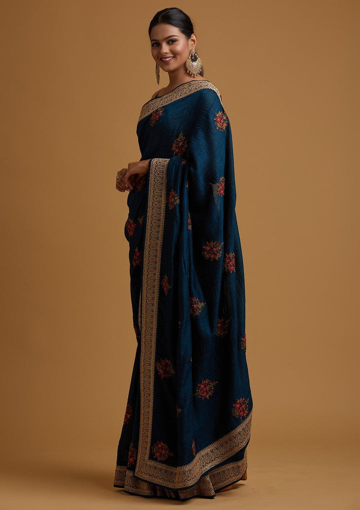 Peacock Blue Zariwork Raw Silk Designer Saree - koskii