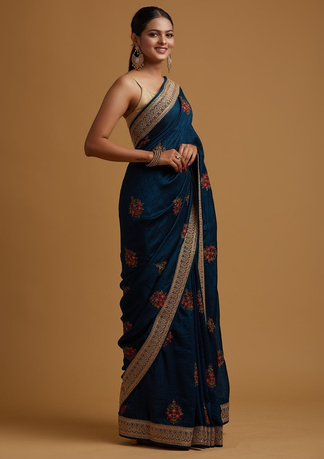 Peacock Blue Zariwork Raw Silk Designer Saree - koskii