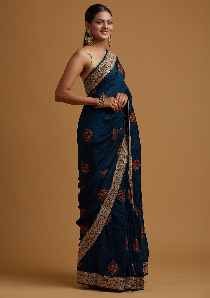 Peacock Blue Zariwork Raw Silk Designer Saree - koskii
