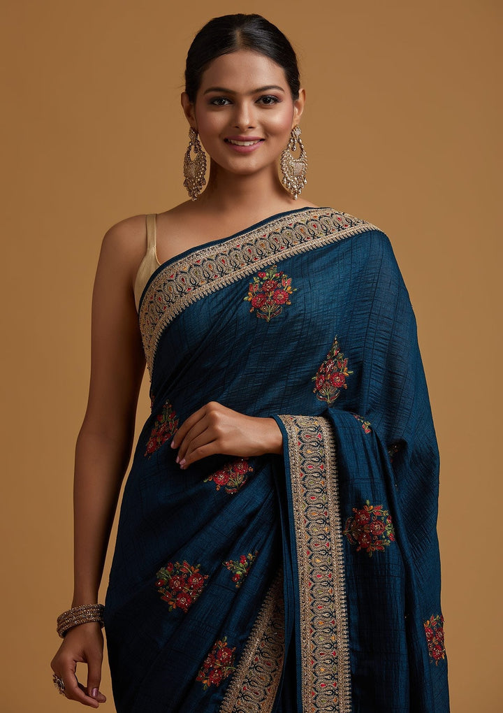 Peacock Blue Zariwork Raw Silk Designer Saree - koskii