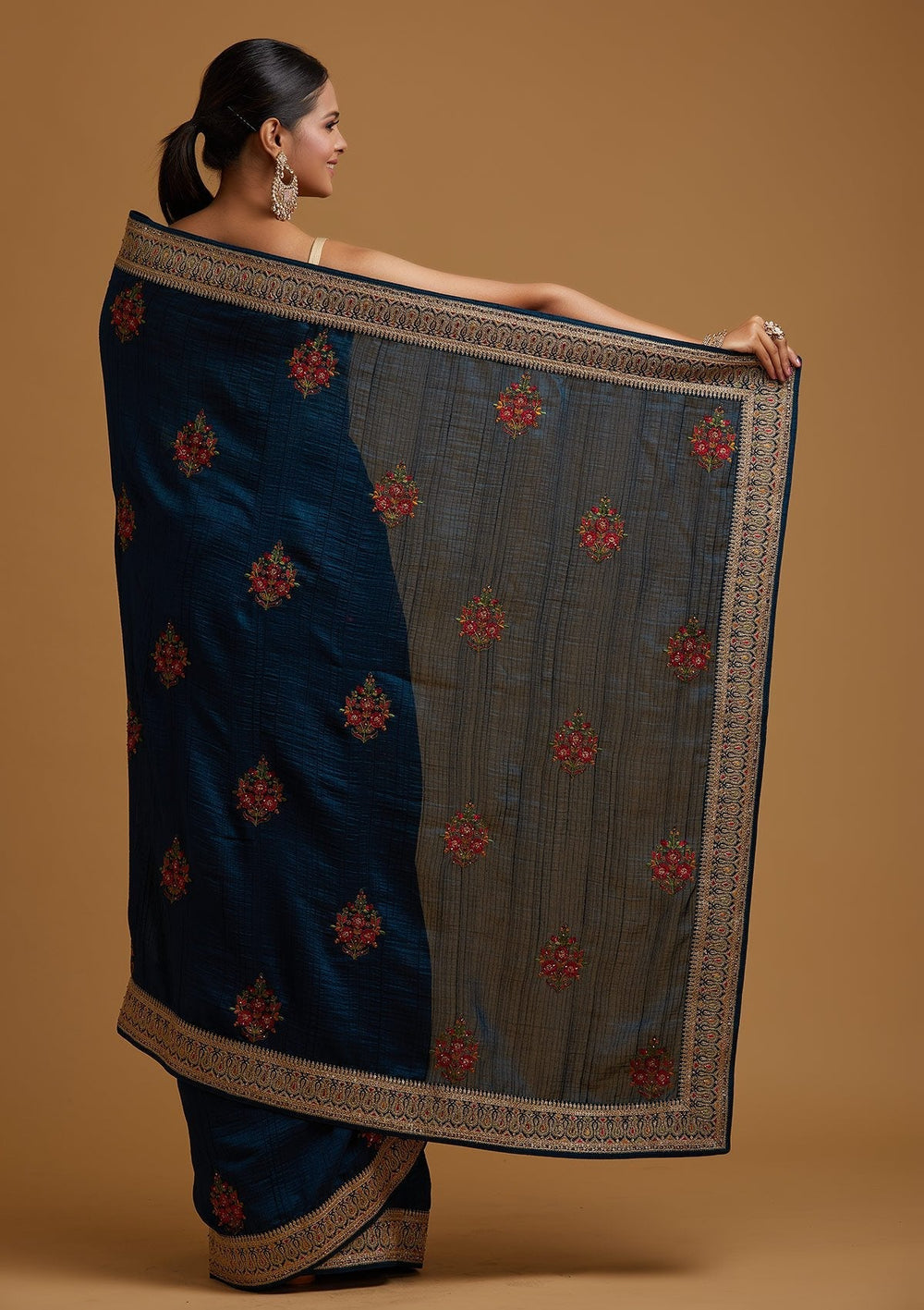 Peacock Blue Zariwork Raw Silk Designer Saree - koskii