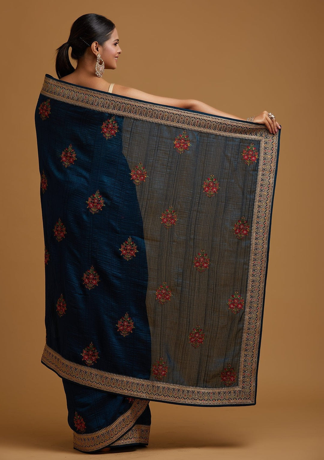 Peacock Blue Zariwork Raw Silk Designer Saree - koskii
