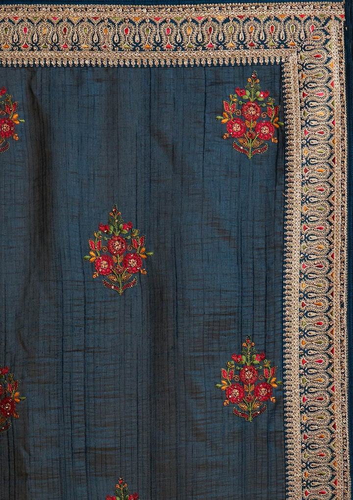 Peacock Blue Zariwork Raw Silk Designer Saree - koskii