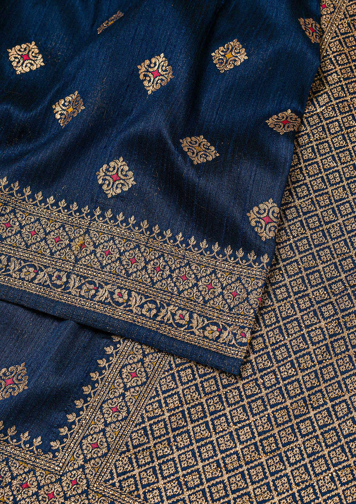 Peacock Blue Zari Work Raw Silk Saree-Koskii