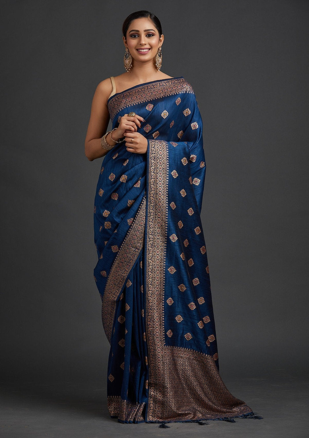 Peacock Blue Zariwork Raw Silk Designer Saree - koskii