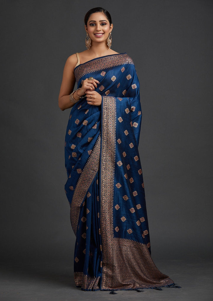 Peacock Blue Zariwork Raw Silk Designer Saree - koskii