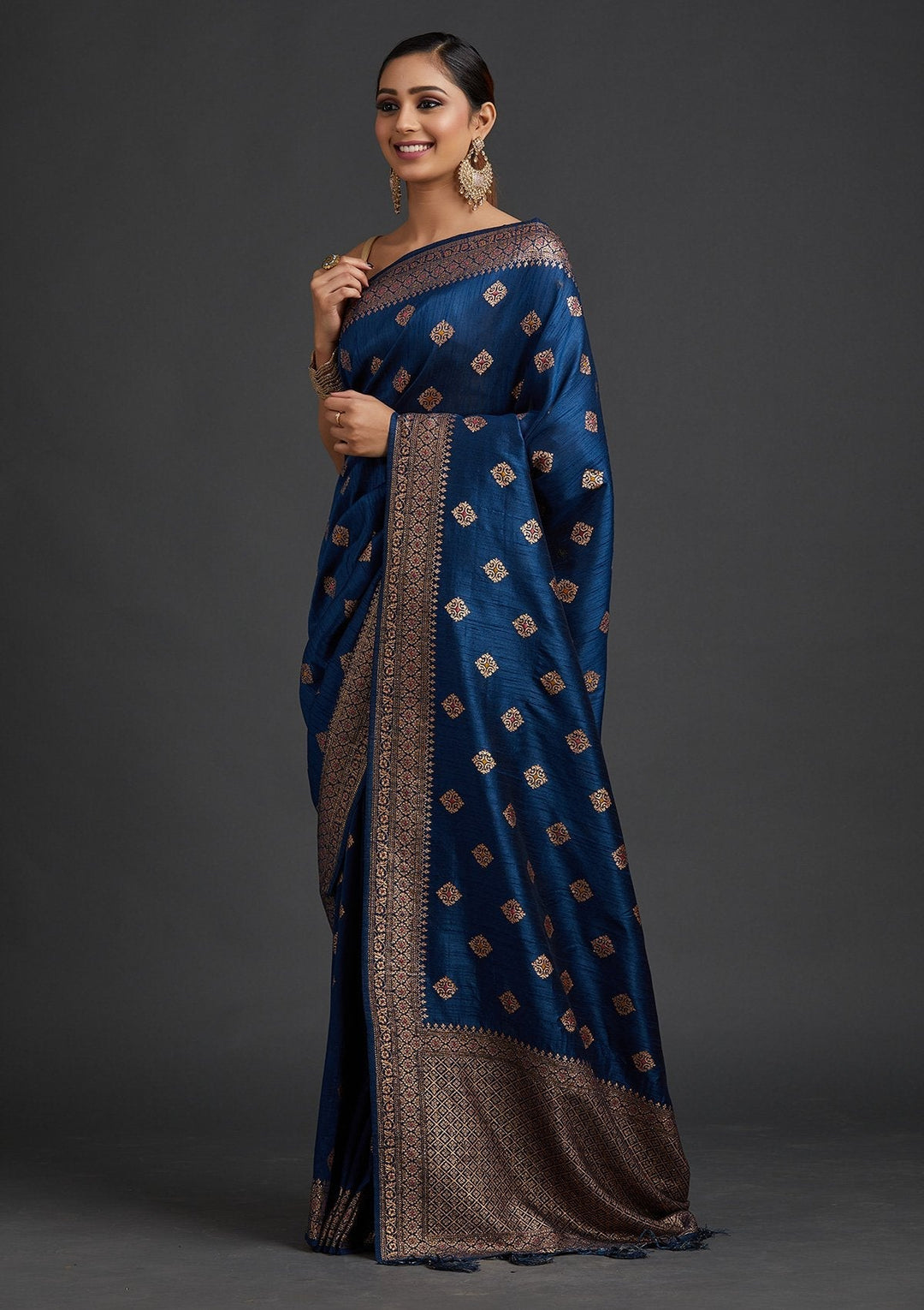 Peacock Blue Zariwork Raw Silk Designer Saree - koskii