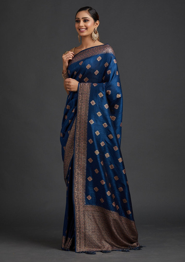 Peacock Blue Zariwork Raw Silk Designer Saree - koskii
