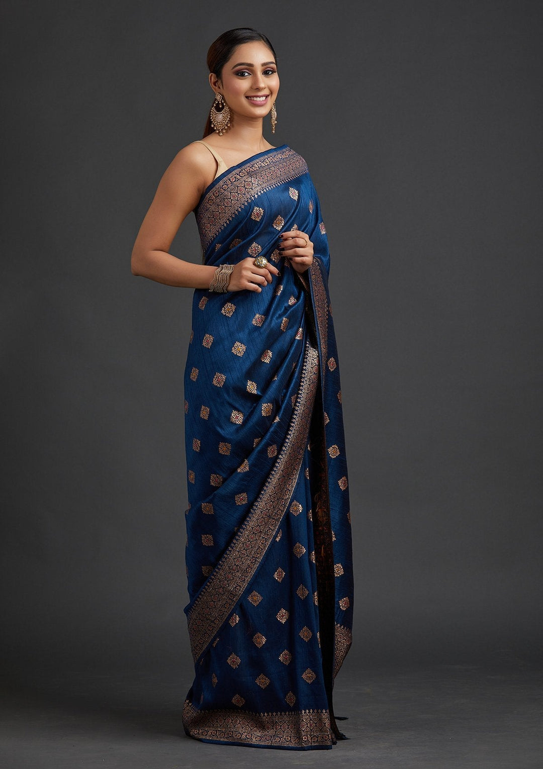 Peacock Blue Zariwork Raw Silk Designer Saree - koskii