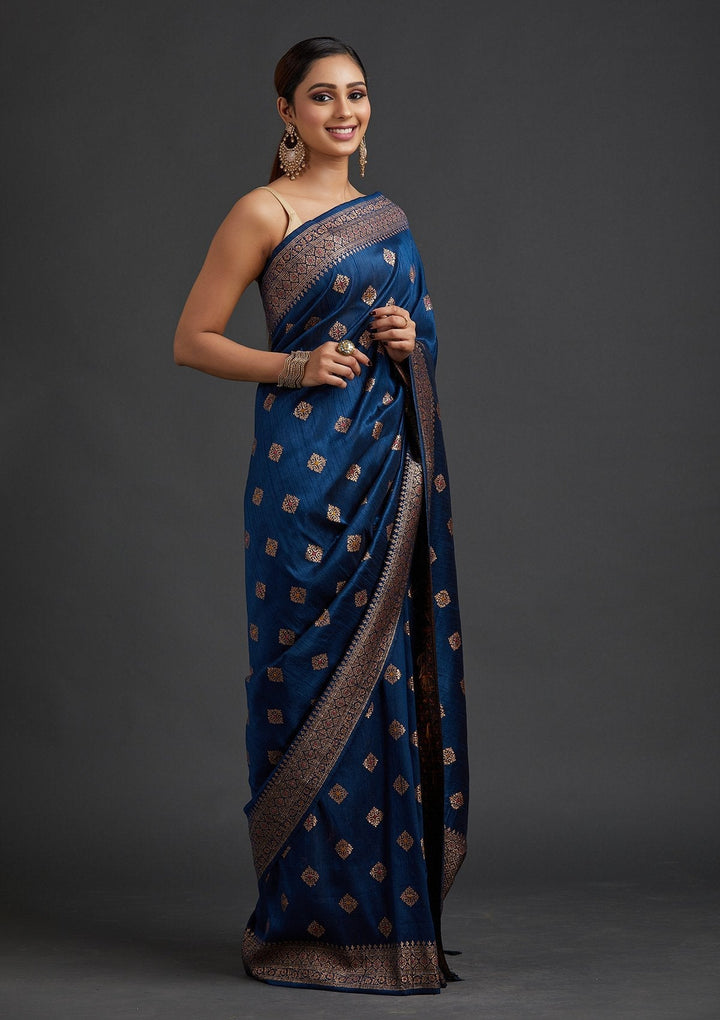 Peacock Blue Zariwork Raw Silk Designer Saree - koskii