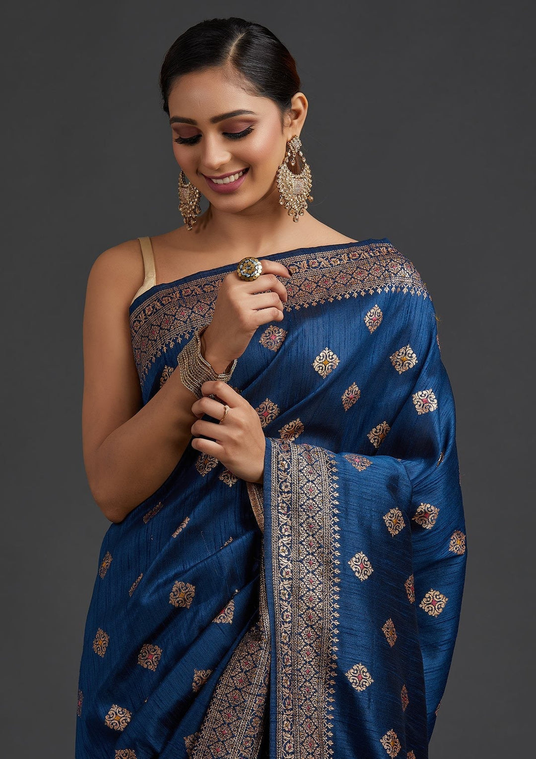 Peacock Blue Zariwork Raw Silk Designer Saree - koskii