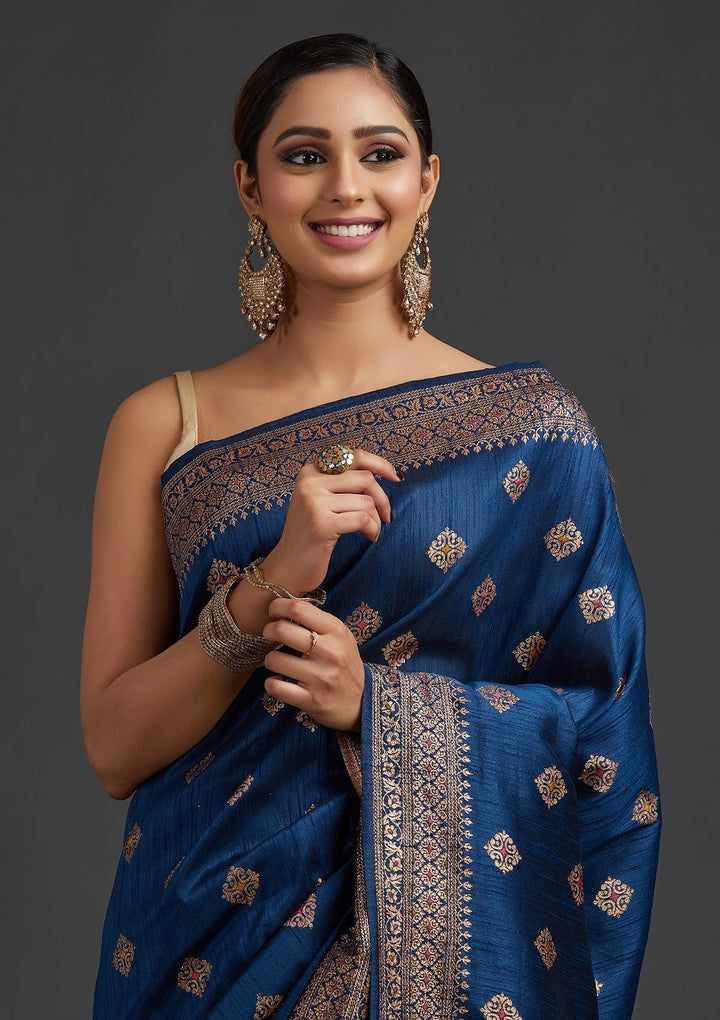 Peacock Blue Zariwork Raw Silk Designer Saree - koskii