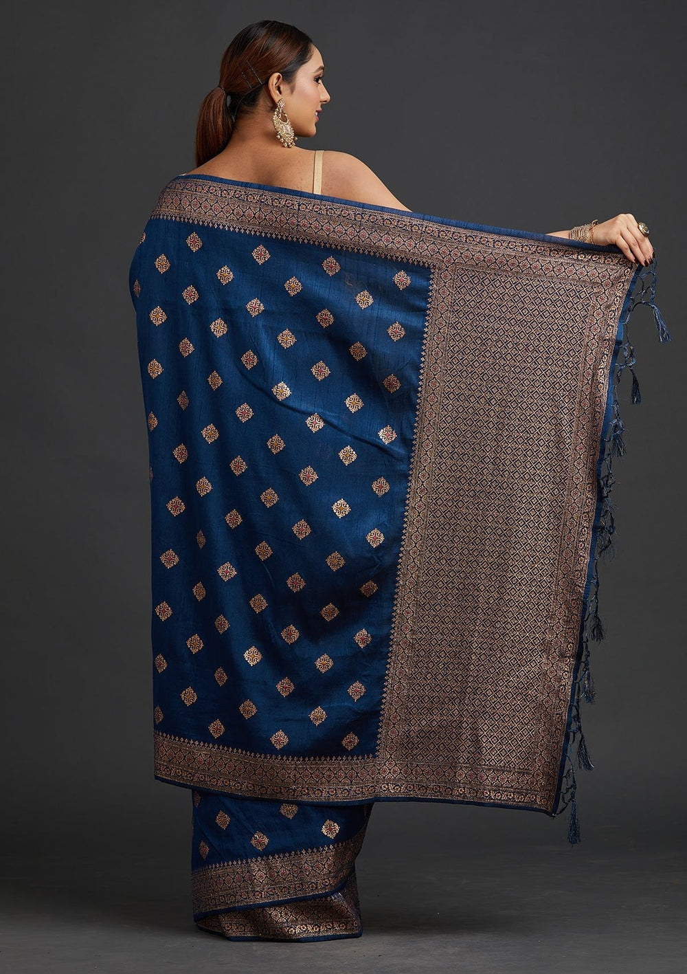 Peacock Blue Zariwork Raw Silk Designer Saree - koskii