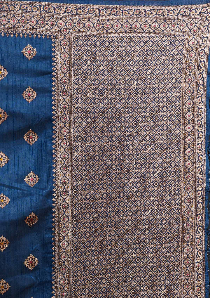 Peacock Blue Zariwork Raw Silk Designer Saree - koskii