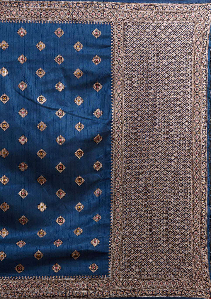 Peacock Blue Zariwork Raw Silk Designer Saree - koskii