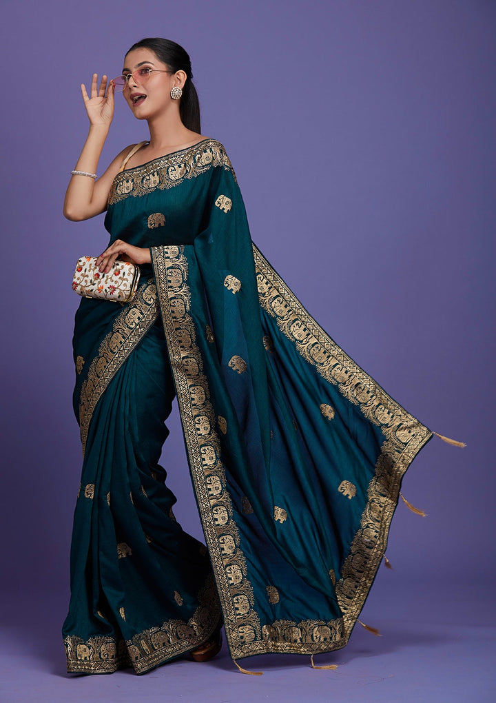 Peacock Blue Zariwork Raw Silk Saree-Koskii