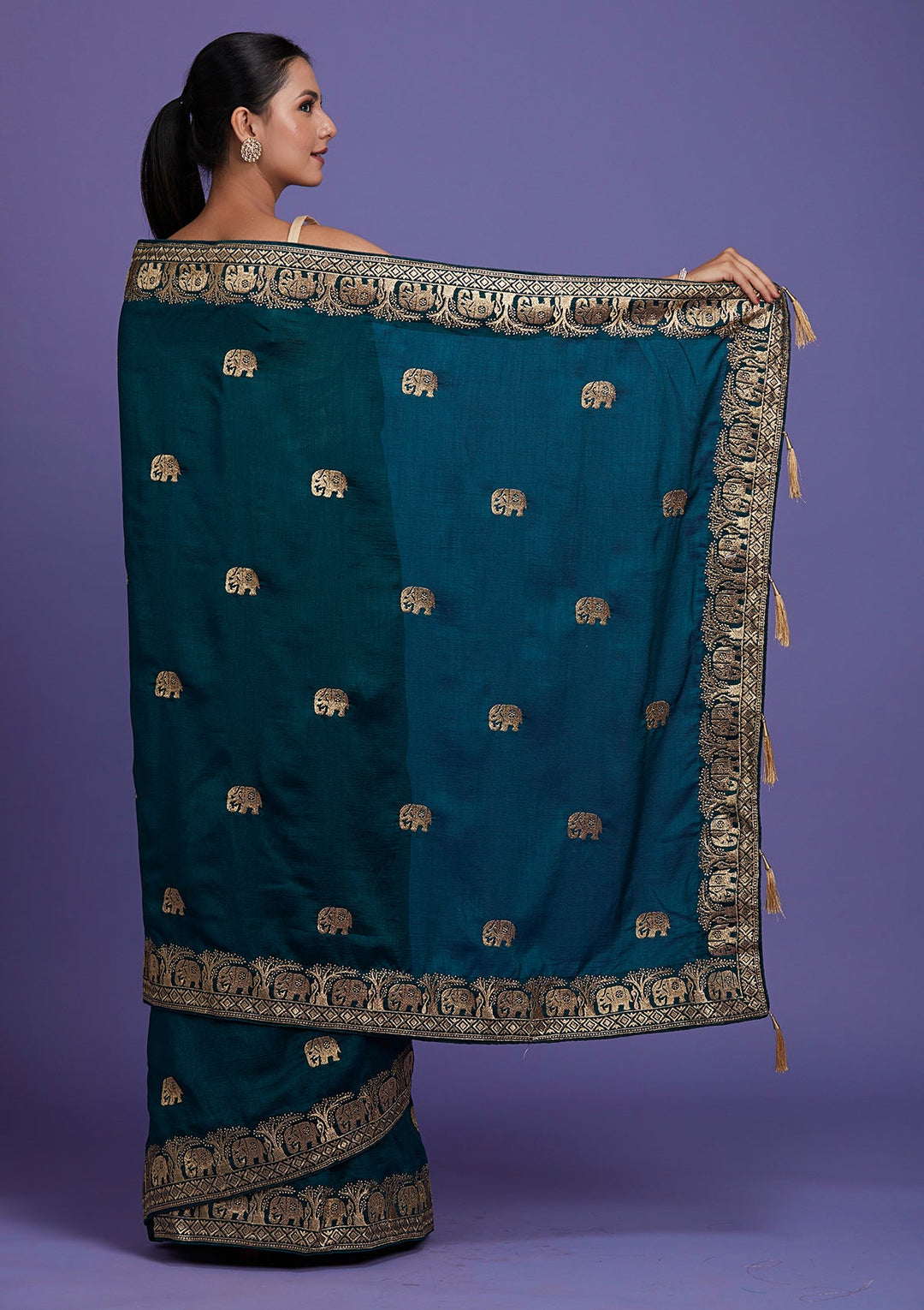 Peacock Blue Zariwork Raw Silk Saree-Koskii