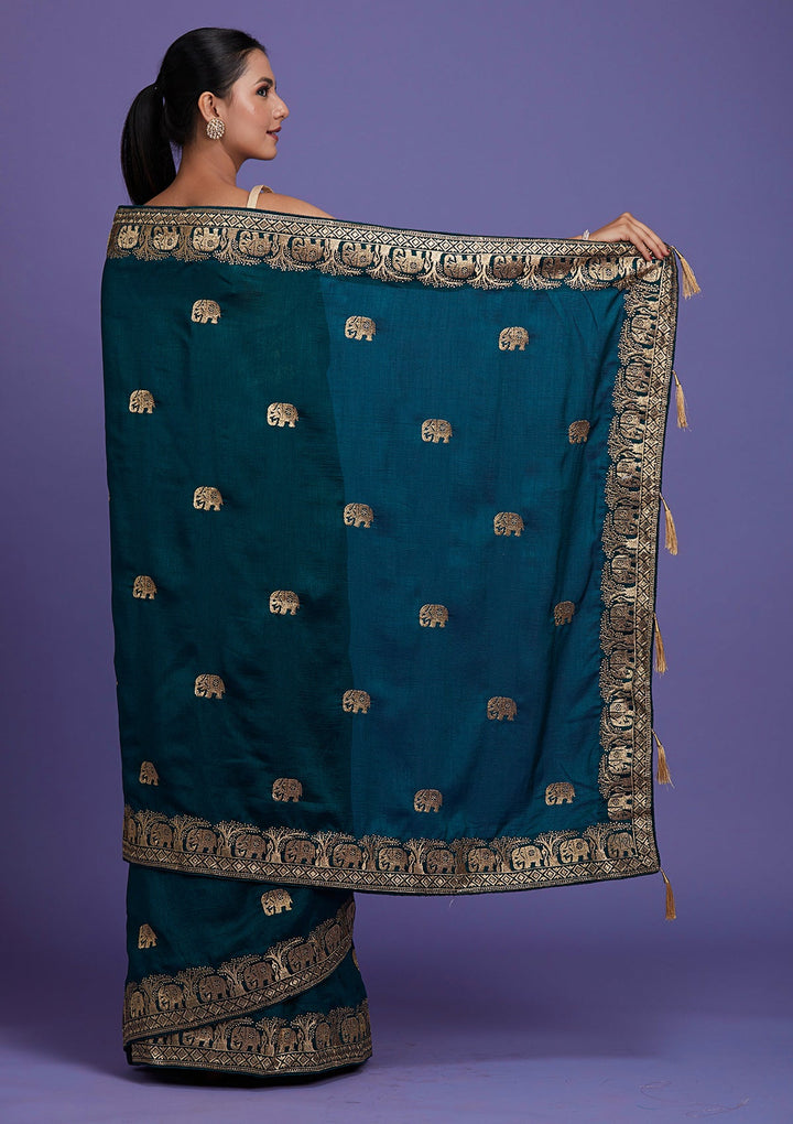 Peacock Blue Zariwork Raw Silk Saree-Koskii
