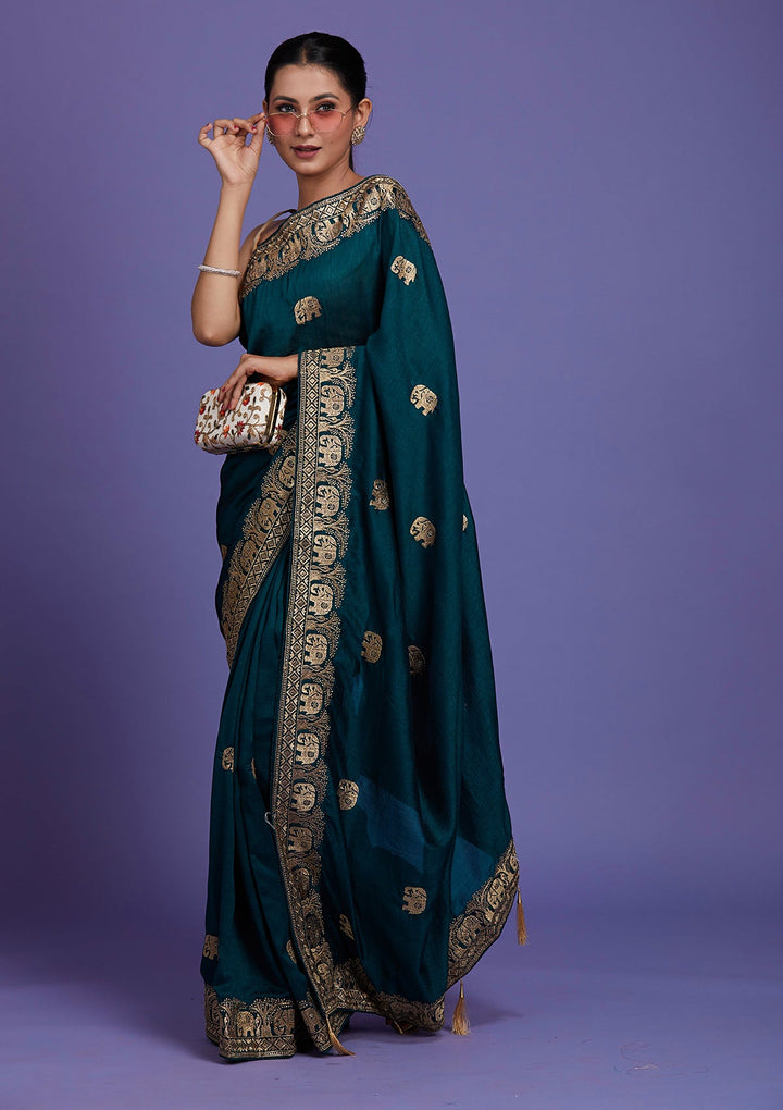 Peacock Blue Zariwork Raw Silk Saree-Koskii
