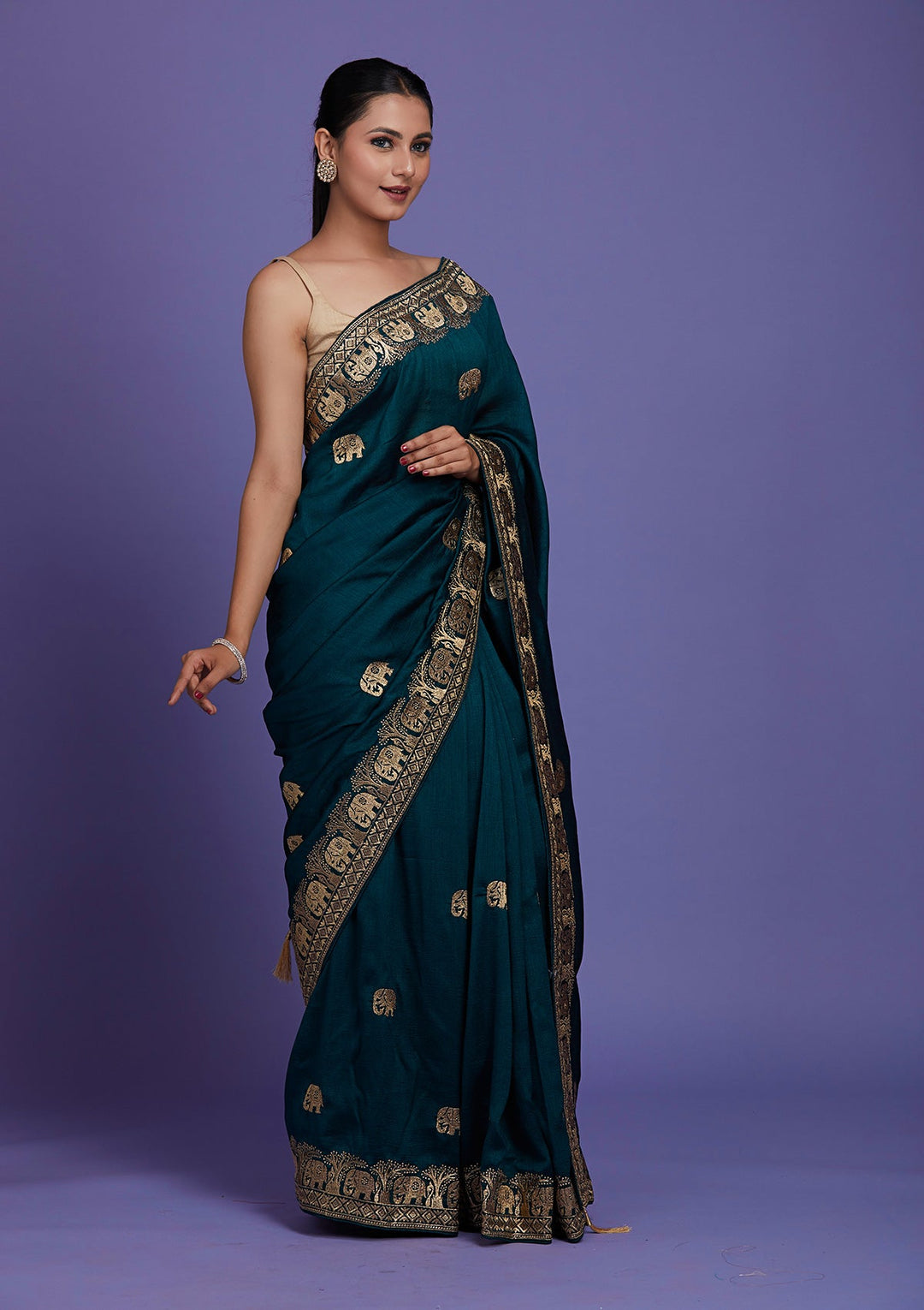 Peacock Blue Zariwork Raw Silk Saree-Koskii