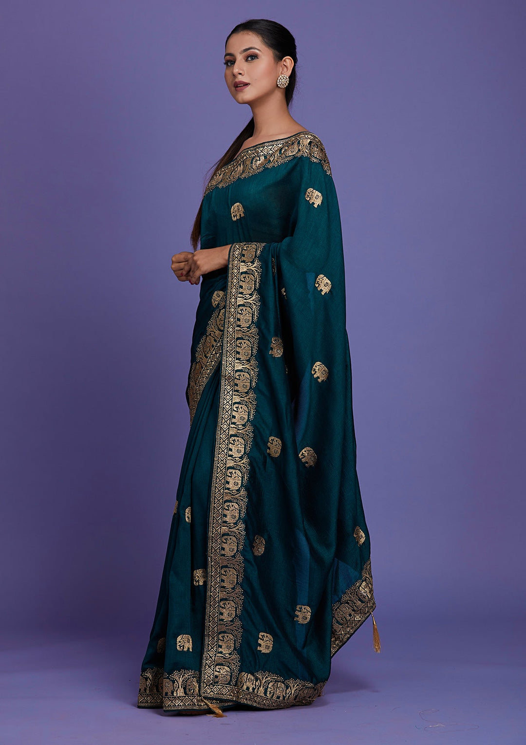 Peacock Blue Zariwork Raw Silk Saree-Koskii
