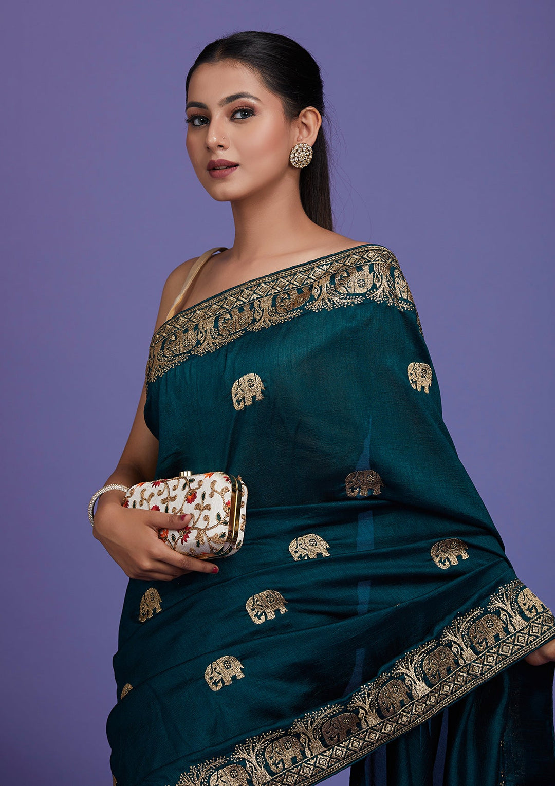 Peacock Blue Zariwork Raw Silk Saree-Koskii